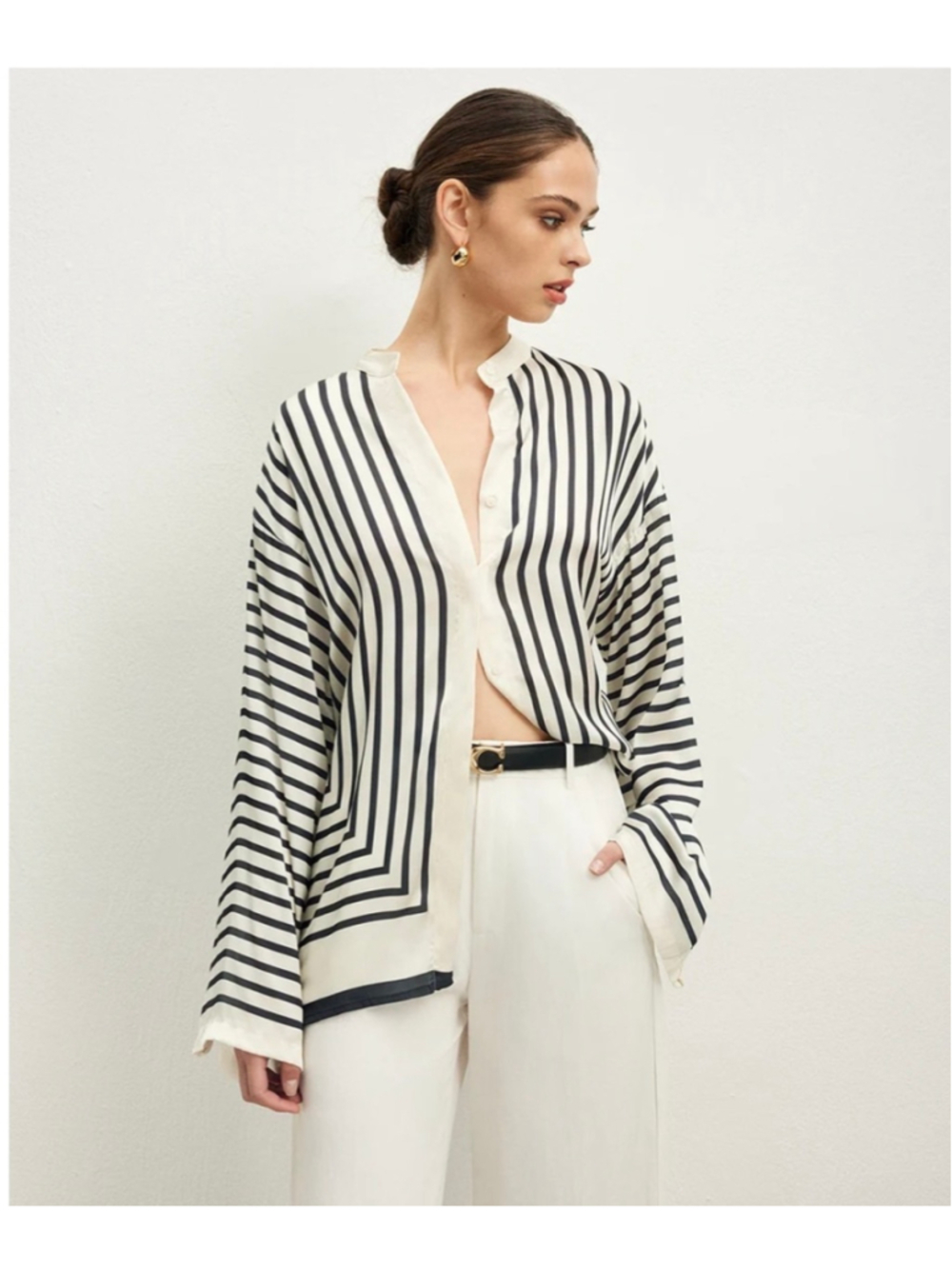 Commense Satin Stripe Button Up Blouse XS Oversized Minimalist Old Money Office